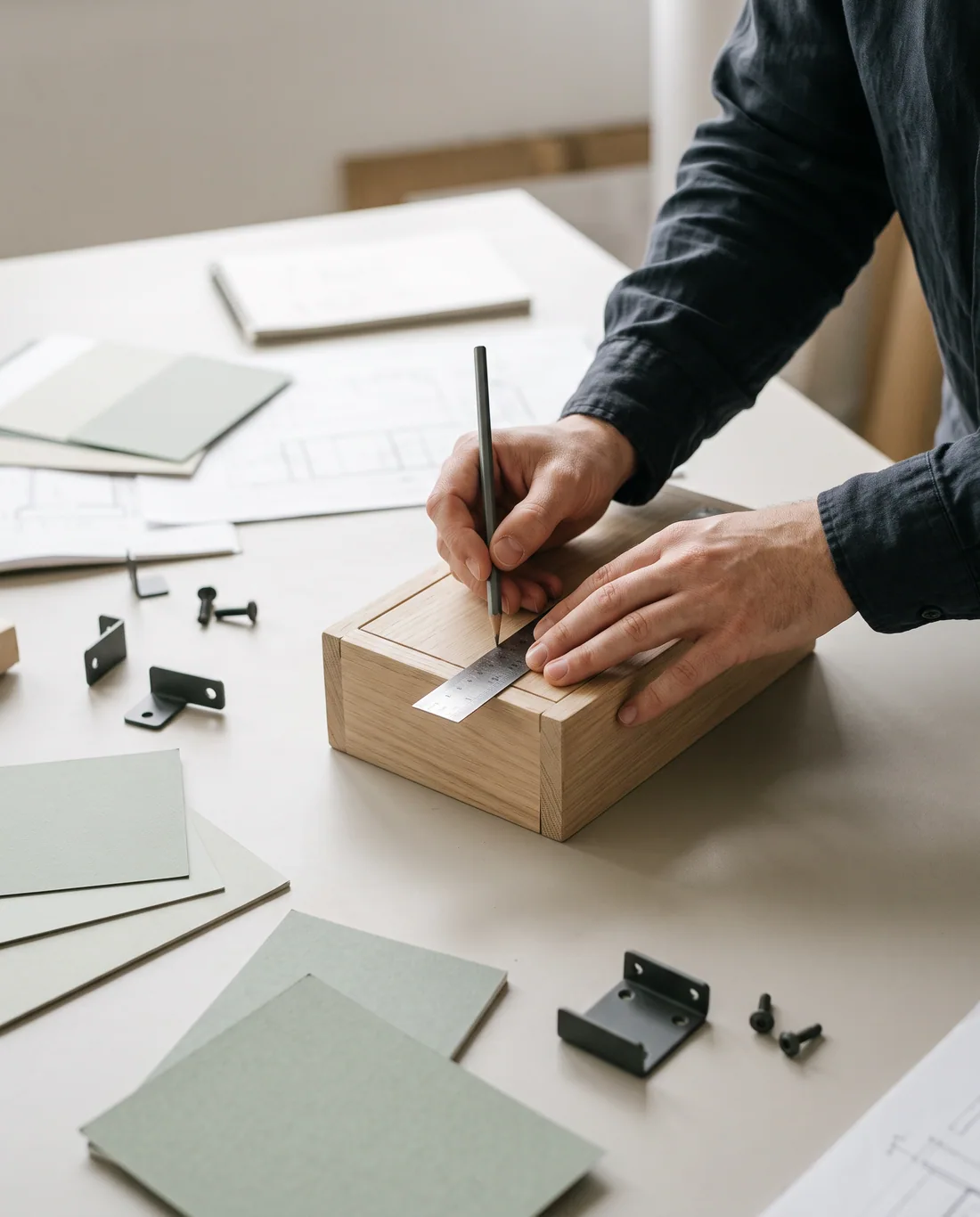 Hands measuring a simple wood form at a design worktable