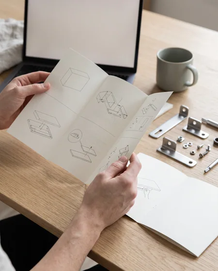Hands looking through an illustrated product guide