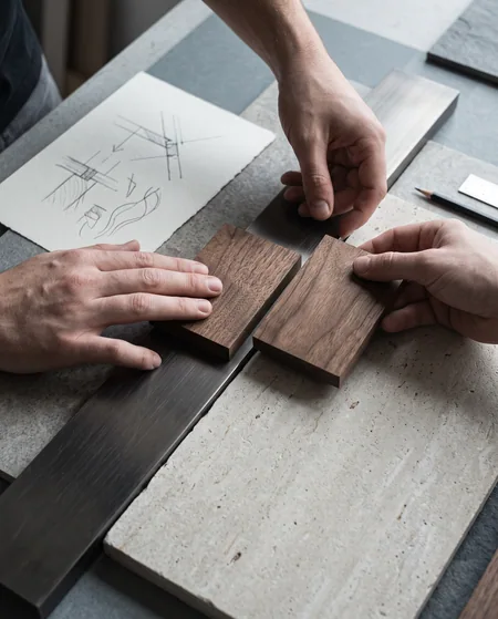 Hands comparing the grain and finish of material samples