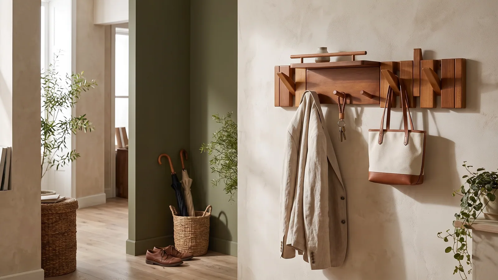 Illustrative entryway with a wall hanger, coat, tote and umbrella stand