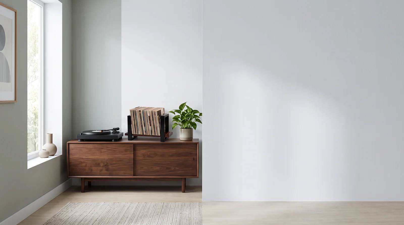 Illustrative listening corner with a wood cabinet, record player and soft neutral floor covering