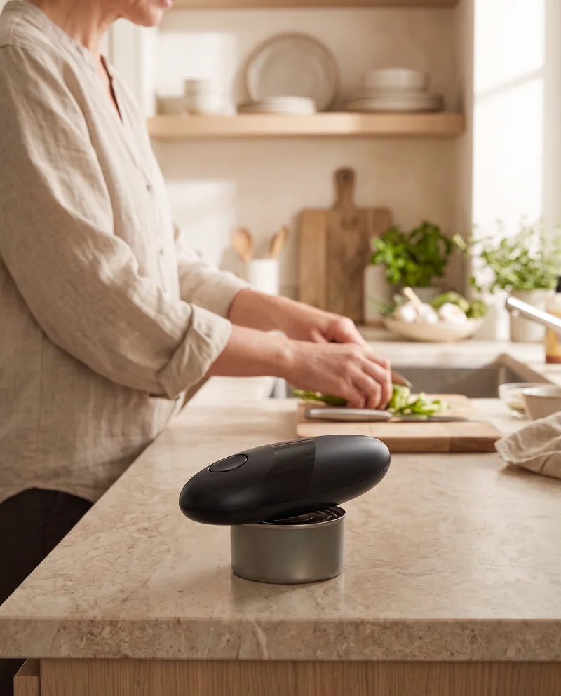 Illustrative kitchen scene with a person preparing food beside an electric can opener