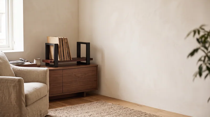 Illustrative listening room with a vinyl record holder and warm natural daylight