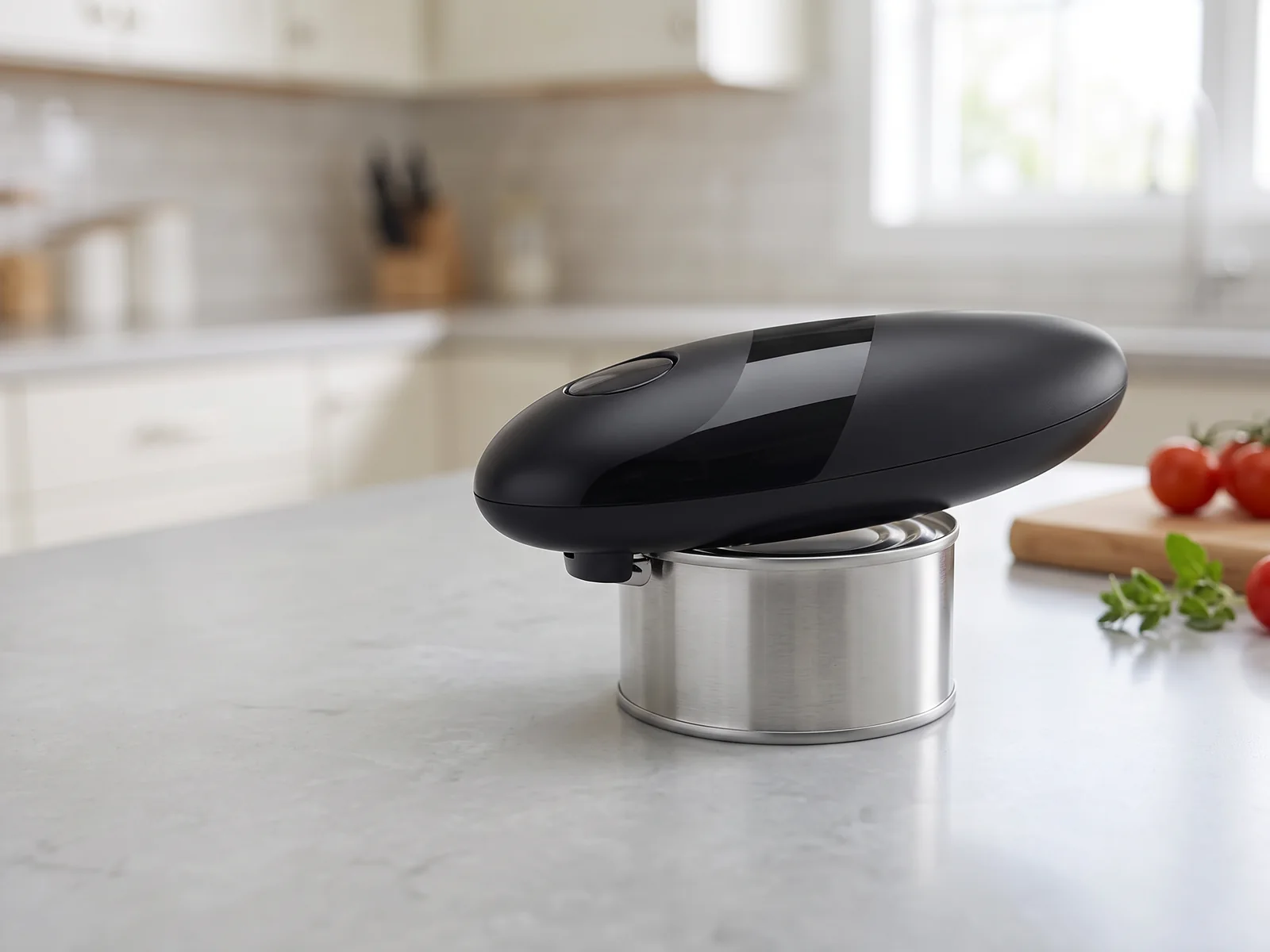 ARCWEISSO black electric can opener on a food can in a bright kitchen