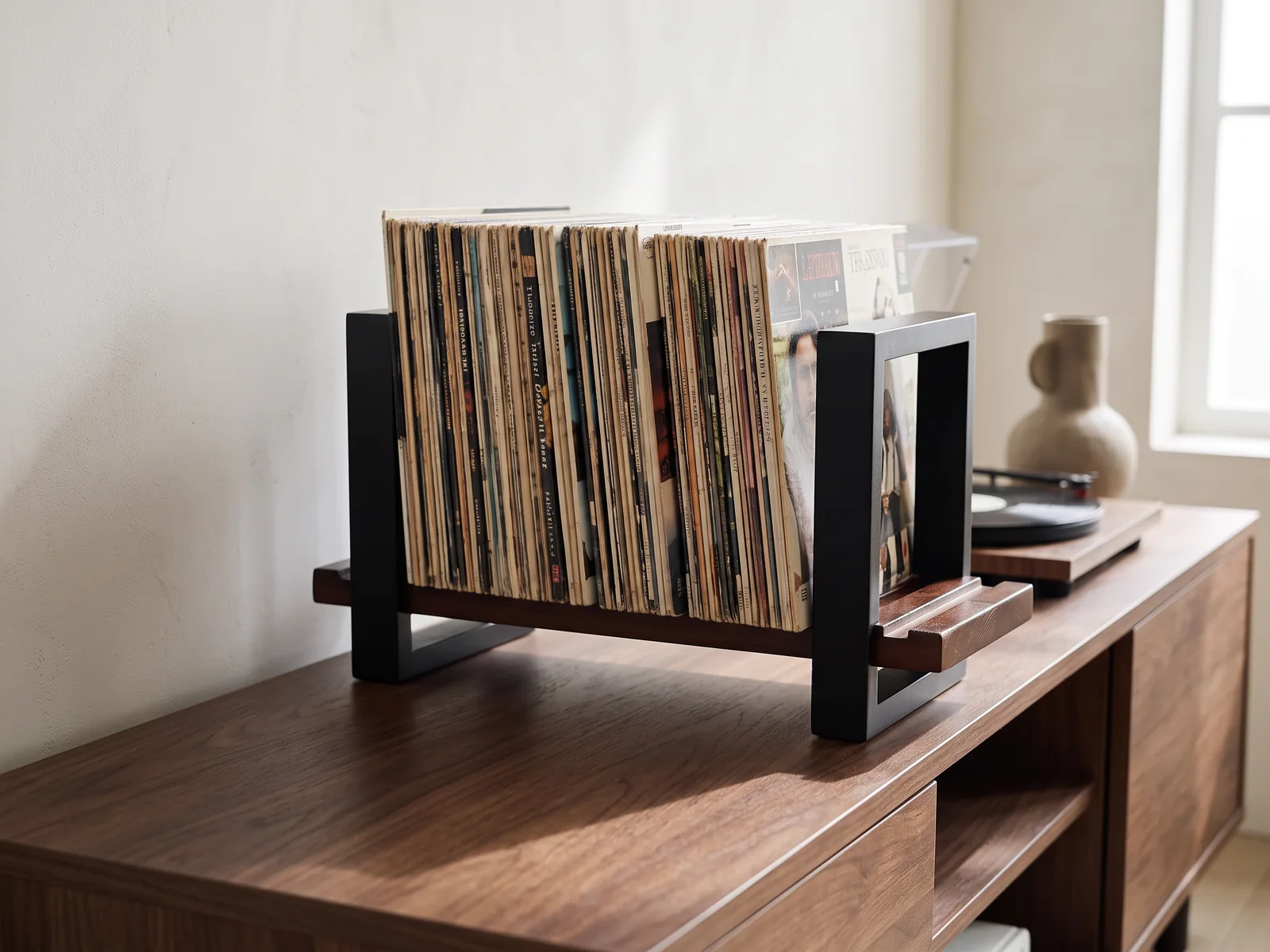 ARCWEISSO adjustable vinyl record holder on a sunlit media console