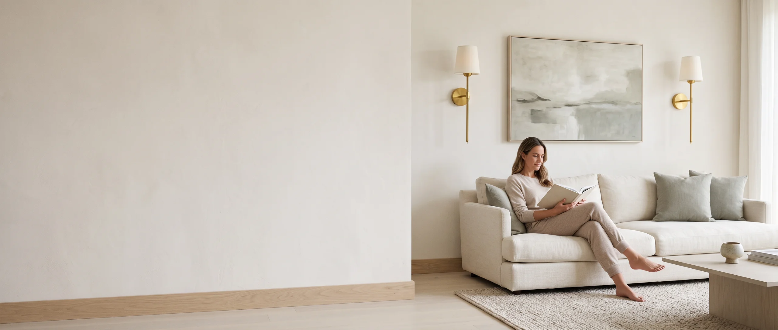 Illustrative gold wall sconces beside a framed painting above a sofa where a person reads