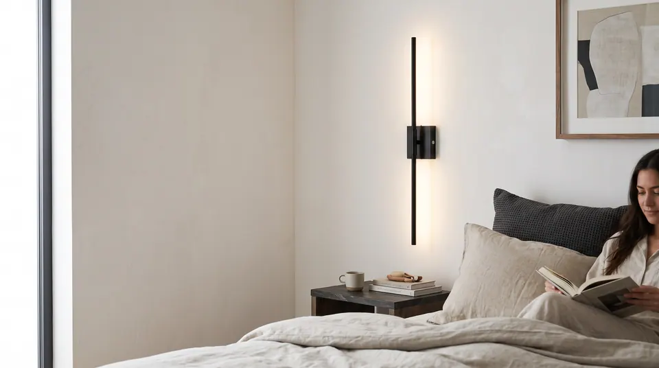 Slim black wall sconce lighting a modern bedroom reading corner