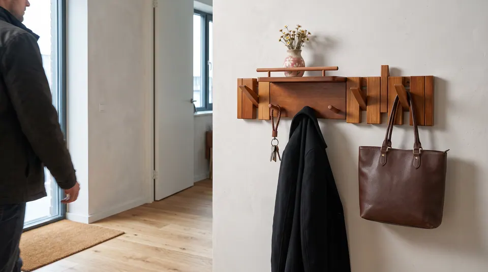 Wall-mounted wooden hanger holding a coat, keys and bag in a bright entryway