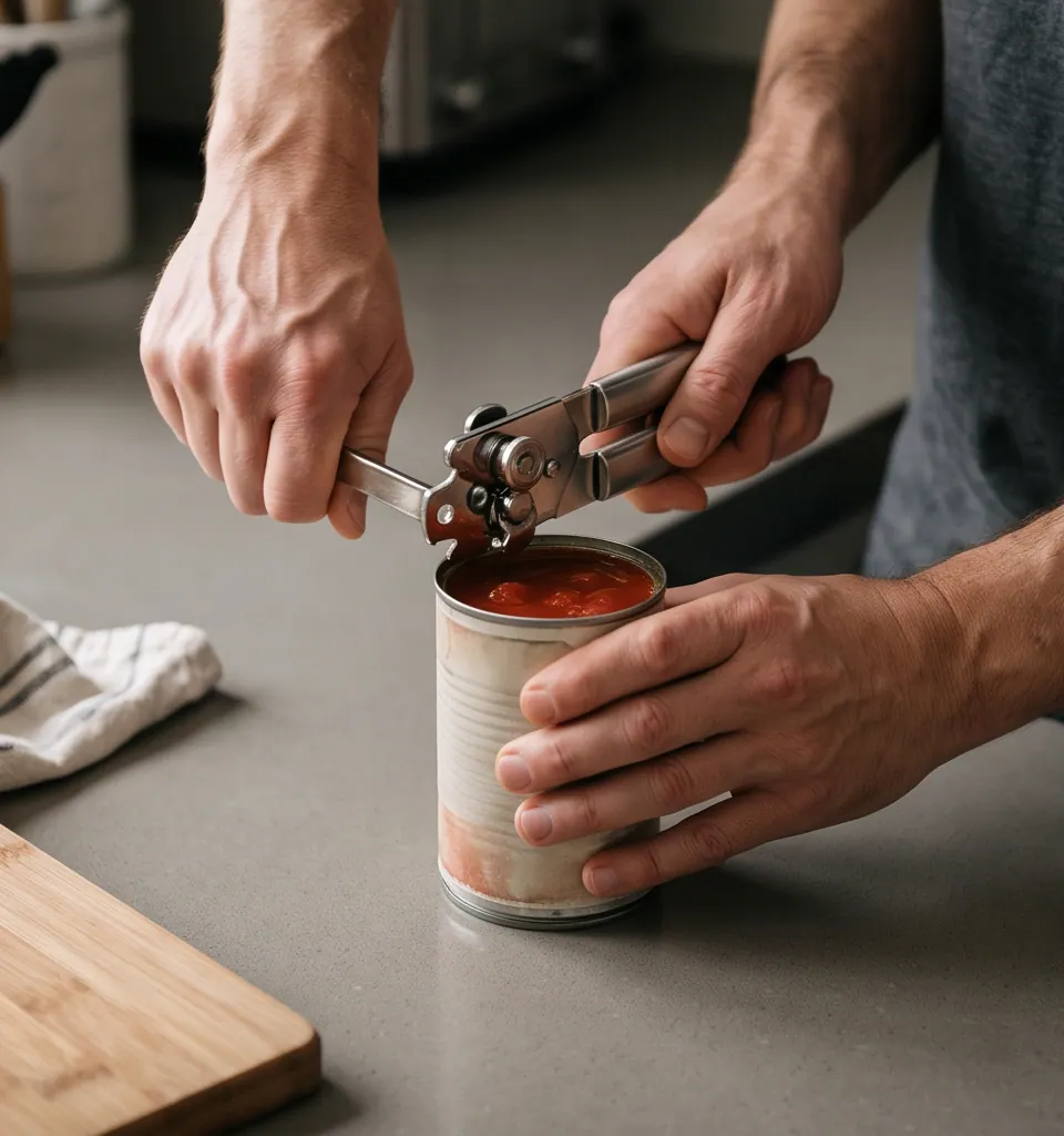 Hands struggling with a manual crank can opener