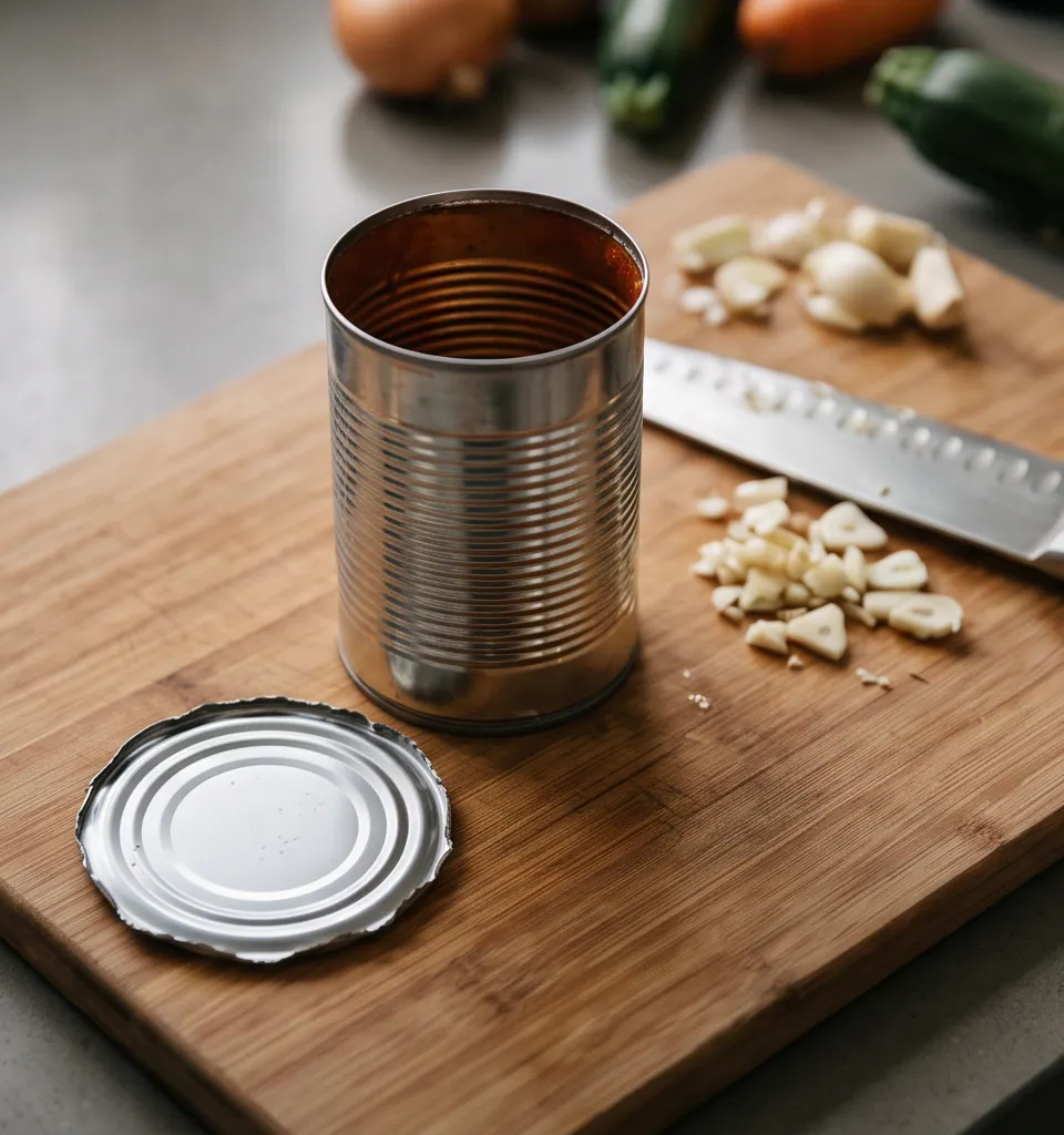 Open food can and lid on a kitchen worktop