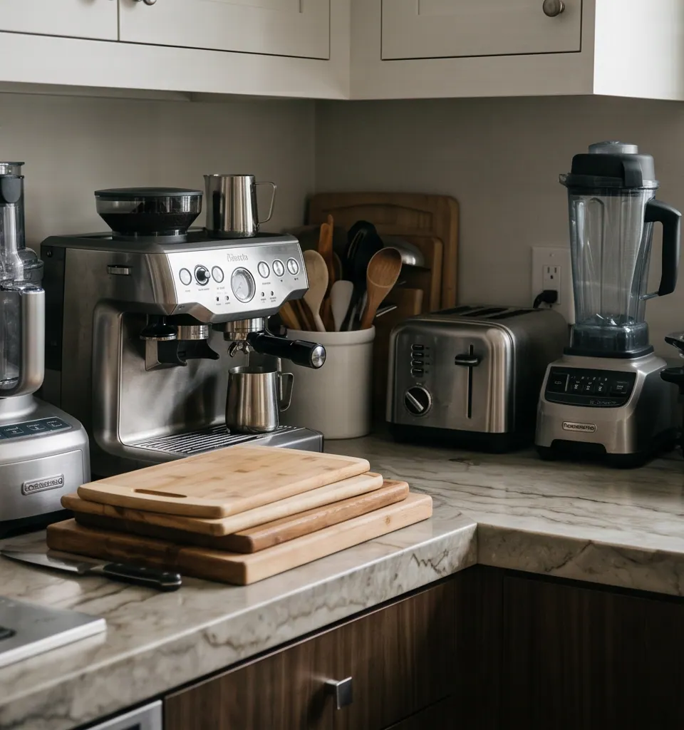 Crowded kitchen counter with several large utensils