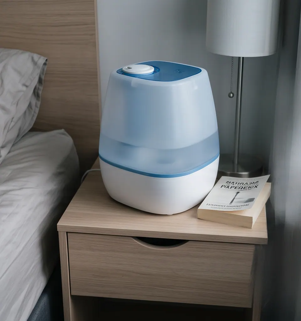 Bulky humidifier tank filling a small bedside table