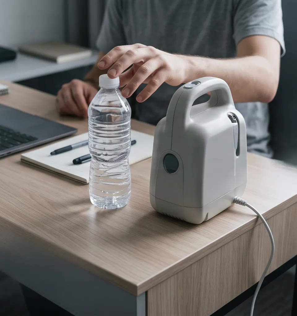 Small desk crowded by a large tabletop appliance