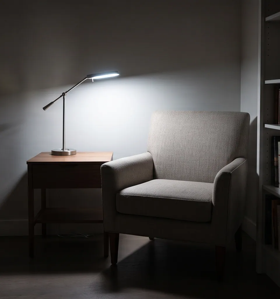 An evening room lit by an uncomfortably bright light