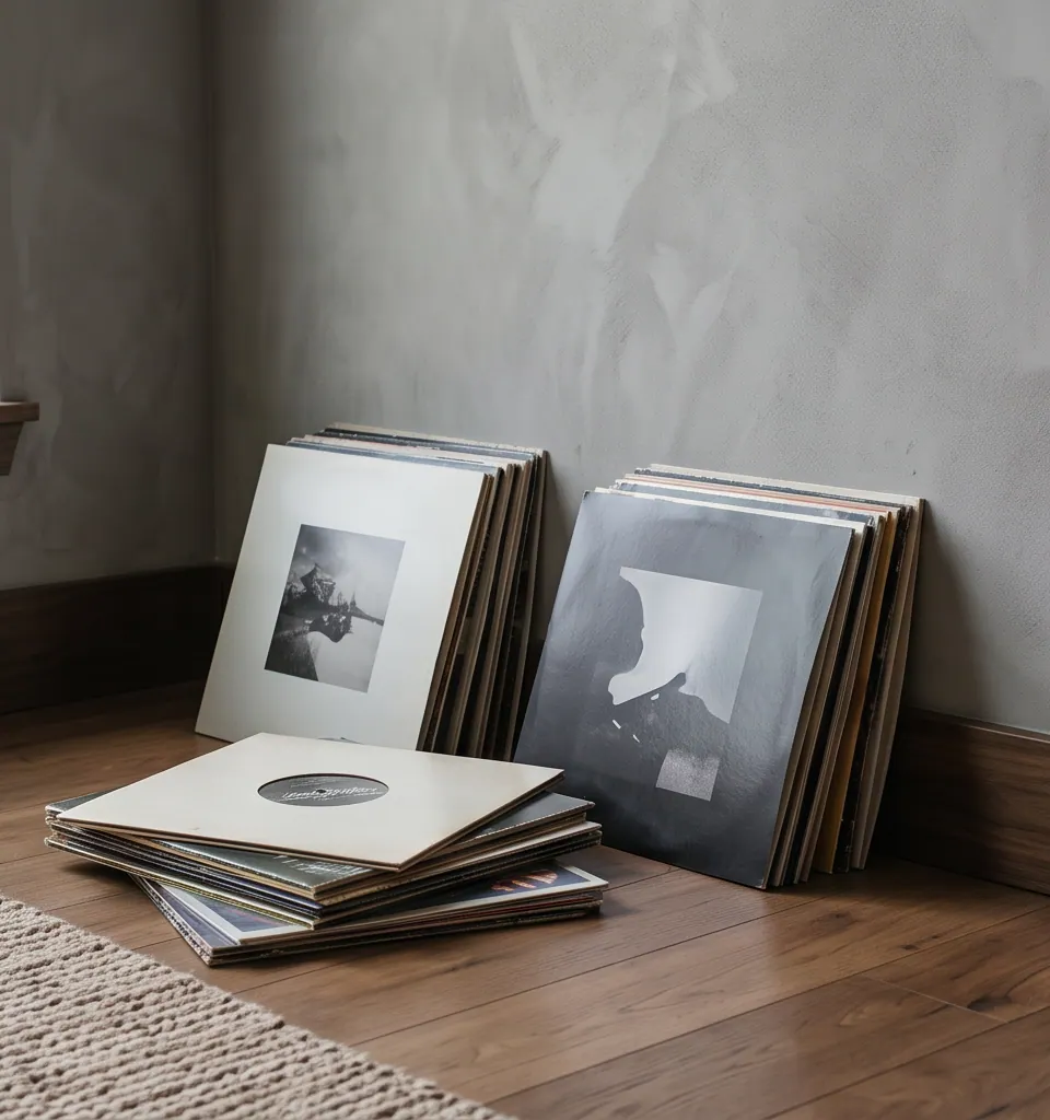 Vinyl records stacked on the floor beside a listening corner