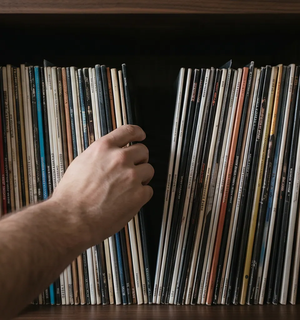 Hand looking through tightly packed vinyl records on a shelf