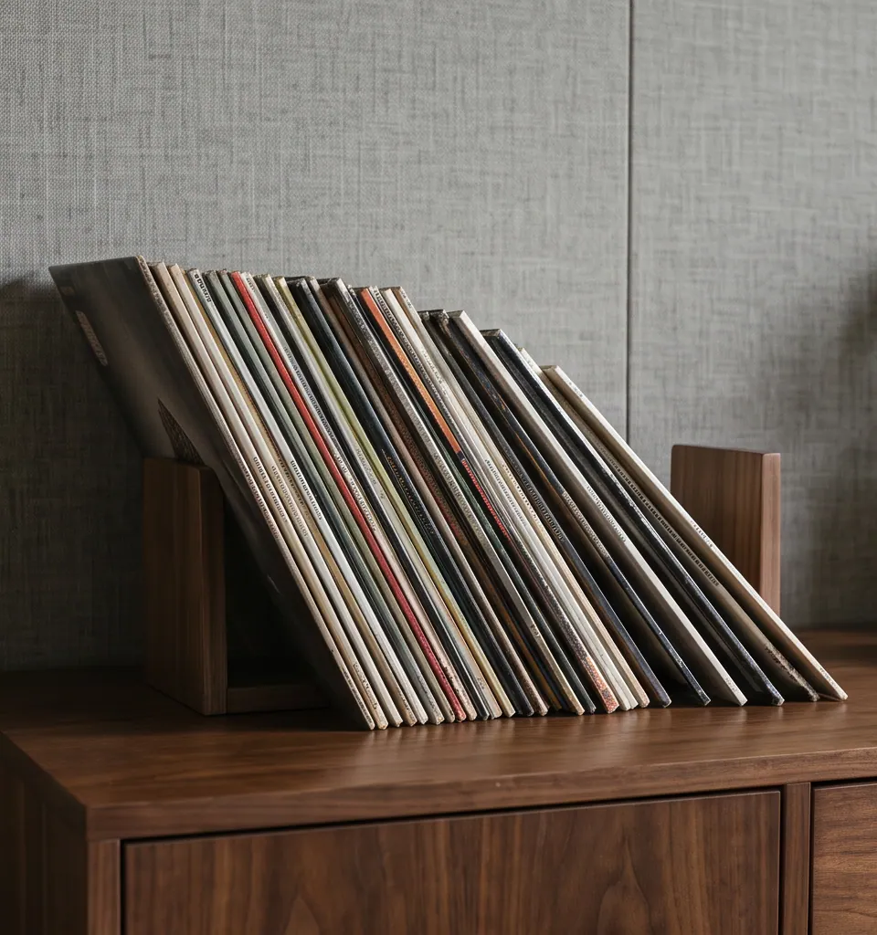 Vinyl sleeves leaning beyond the support of a small bookend