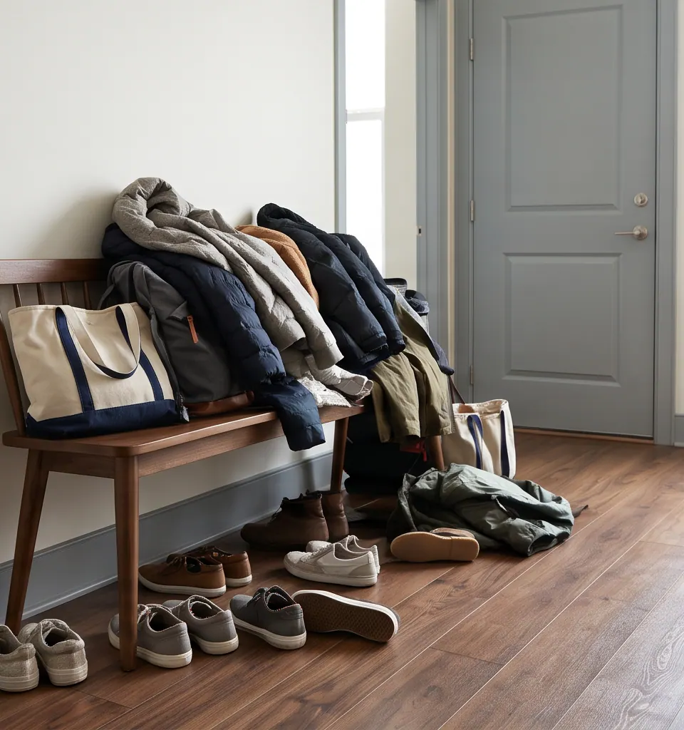 Coats and bags gathered on a narrow entryway bench