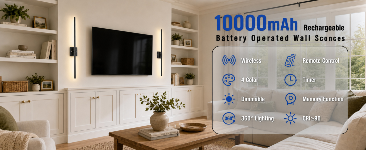 Rechargeable wall sconces in a living room. The panel highlights a 10000 mAh battery, remote control, dimming and timer.