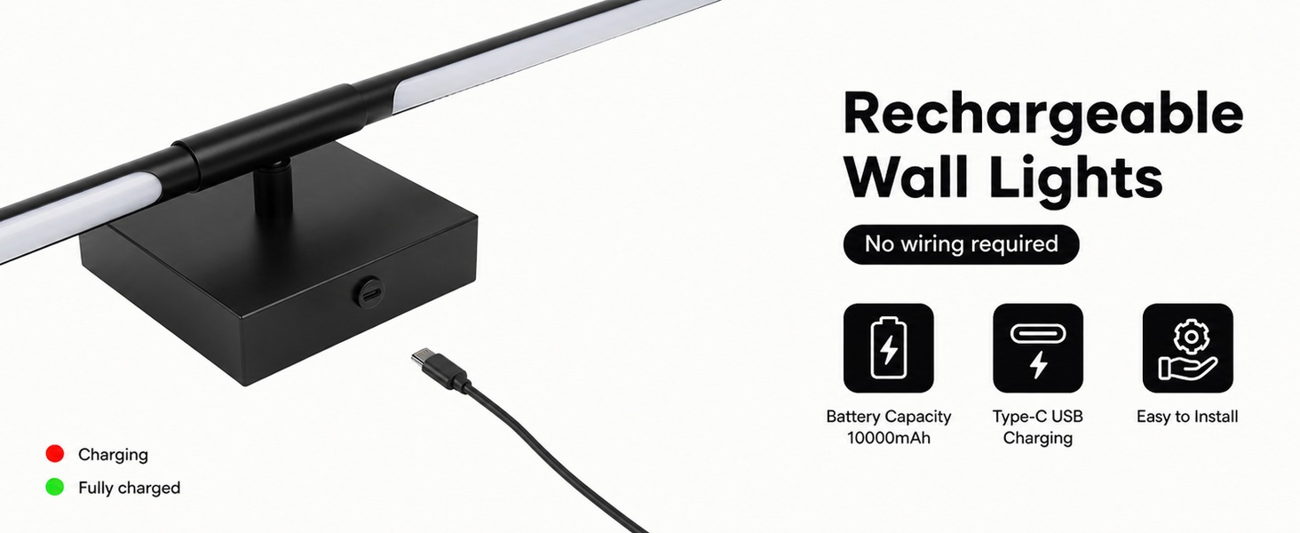 USB-C charging diagram with charging indicators, 10000 mAh battery and no mains wiring required.