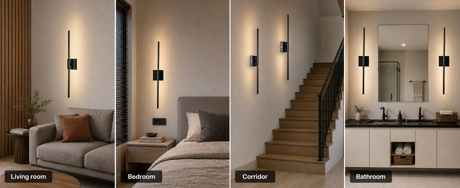 Wall sconce placement examples in a living room, bedroom, corridor and bathroom.