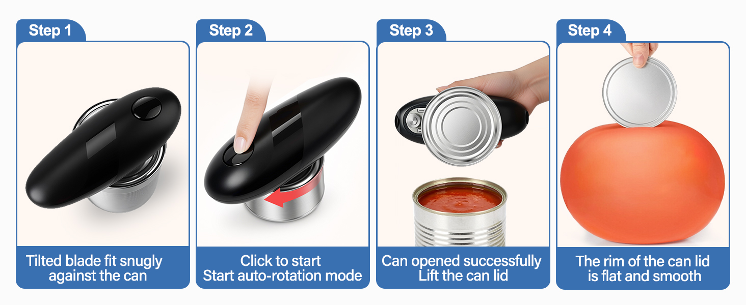 Opening steps: position the blade against the can, press to start rotation, then lift the opened lid. The illustration shows a smooth lid rim.
