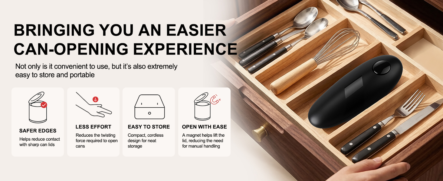 Compact drawer storage, reduced twisting effort and a magnet to help lift the lid.