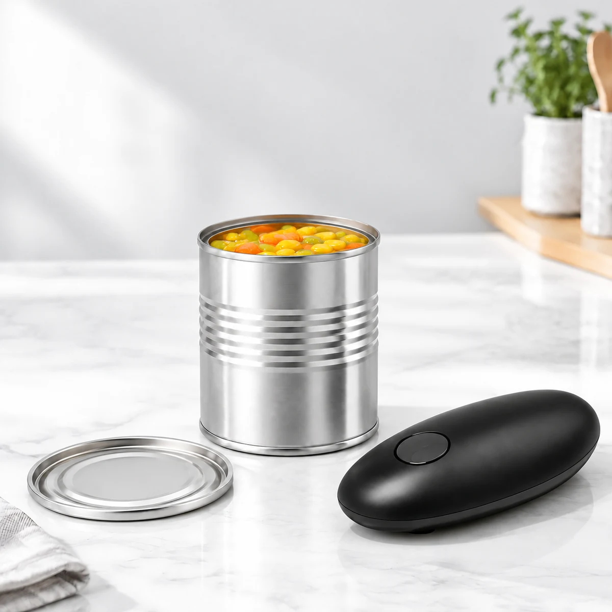 Compact black electric can opener beside an opened food can in a bright kitchen