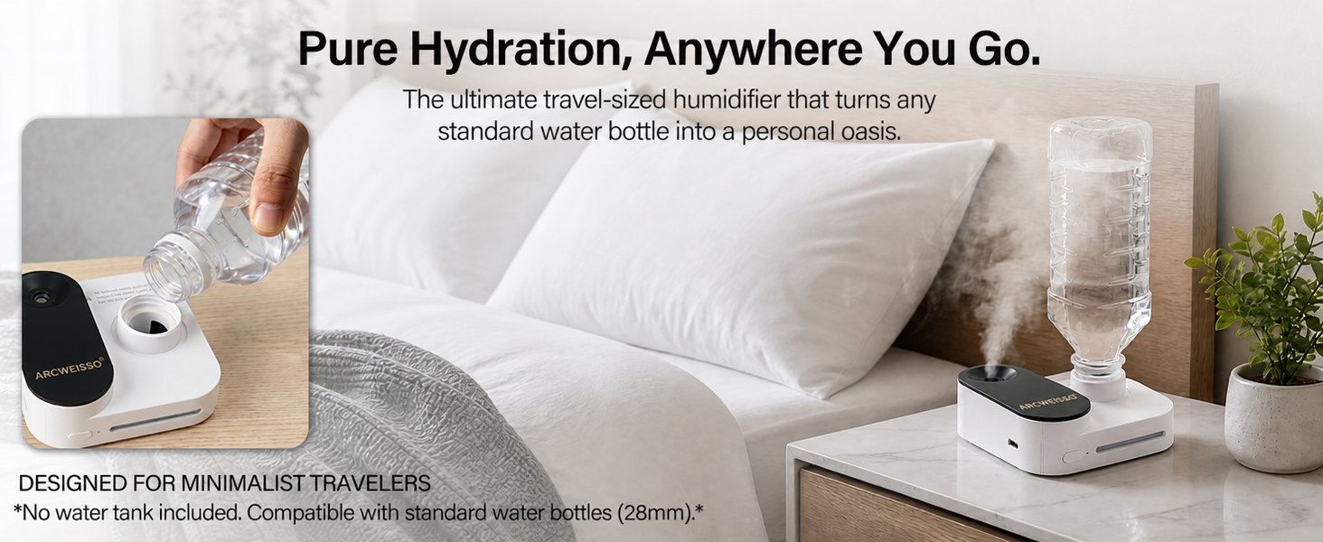 Compact GISTAR bottle humidifier beside a bed. The panel shows filling and a standard 28 mm water bottle; no tank is included.