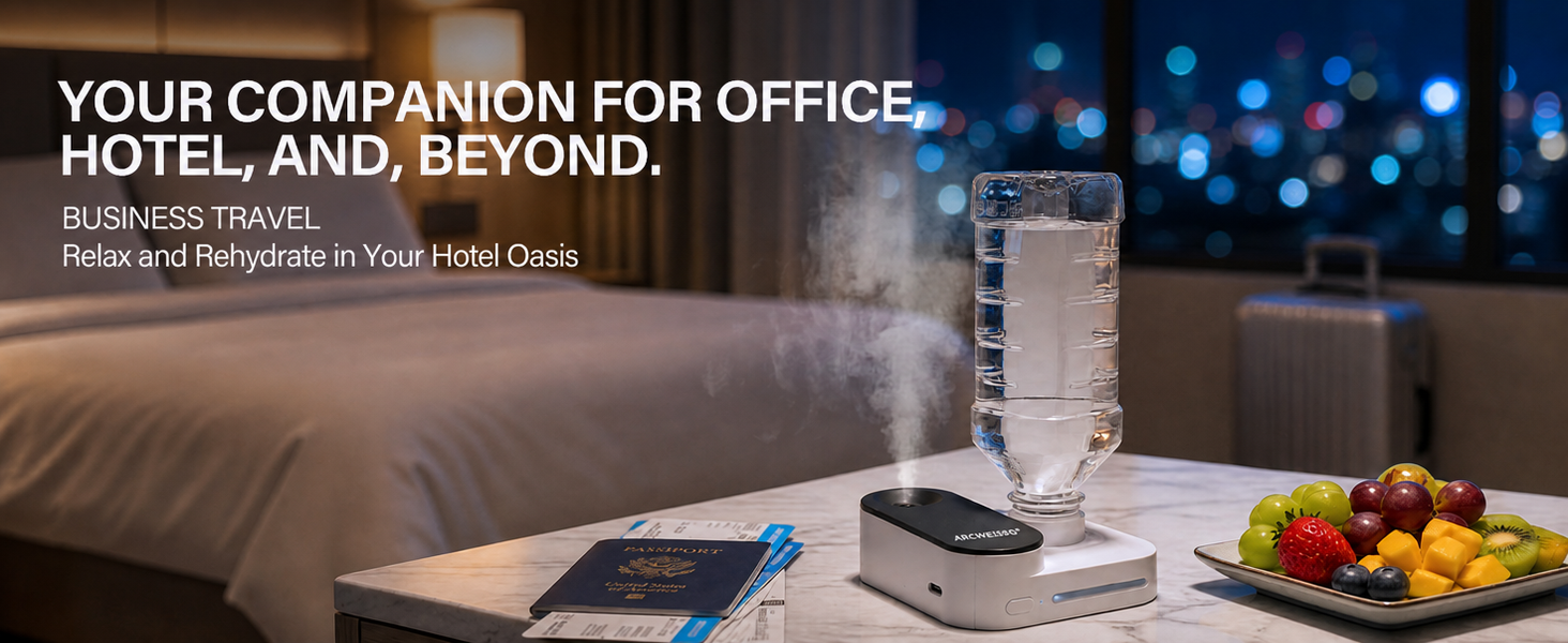 Bottle humidifier on a hotel bedside table, illustrating use while travelling.