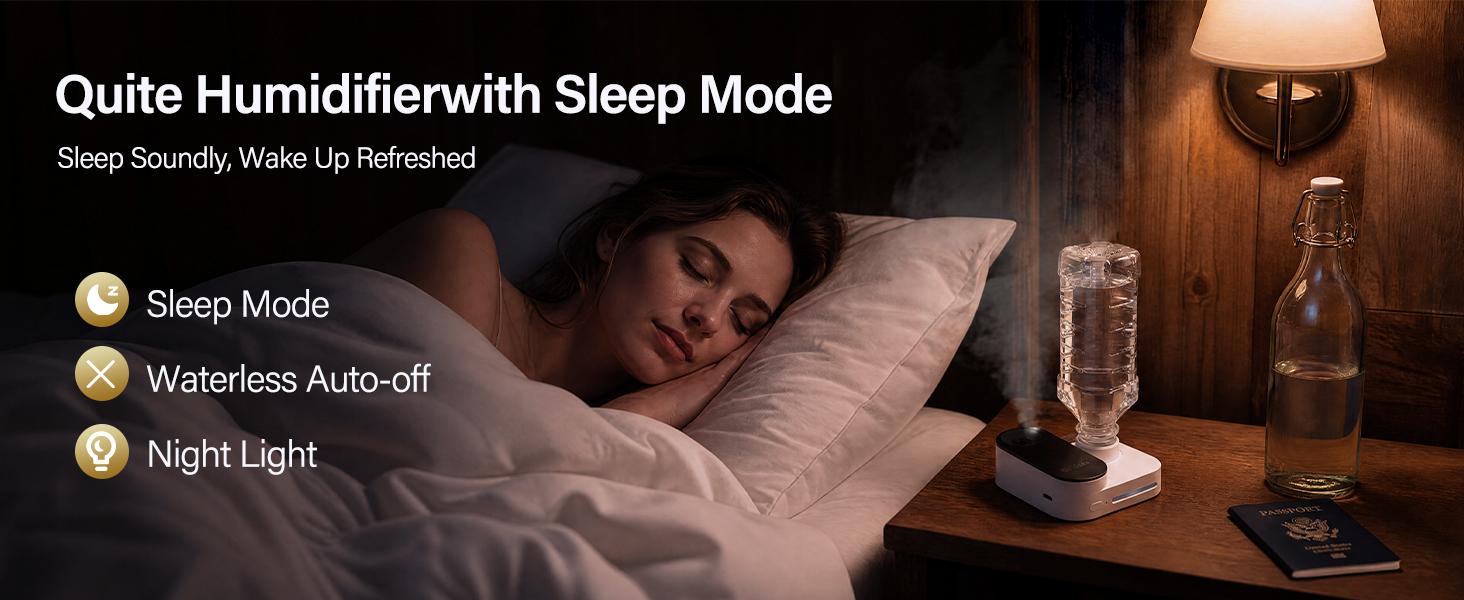 Bedroom scene with sleep mode, waterless auto-off and night light highlighted in the source artwork.
