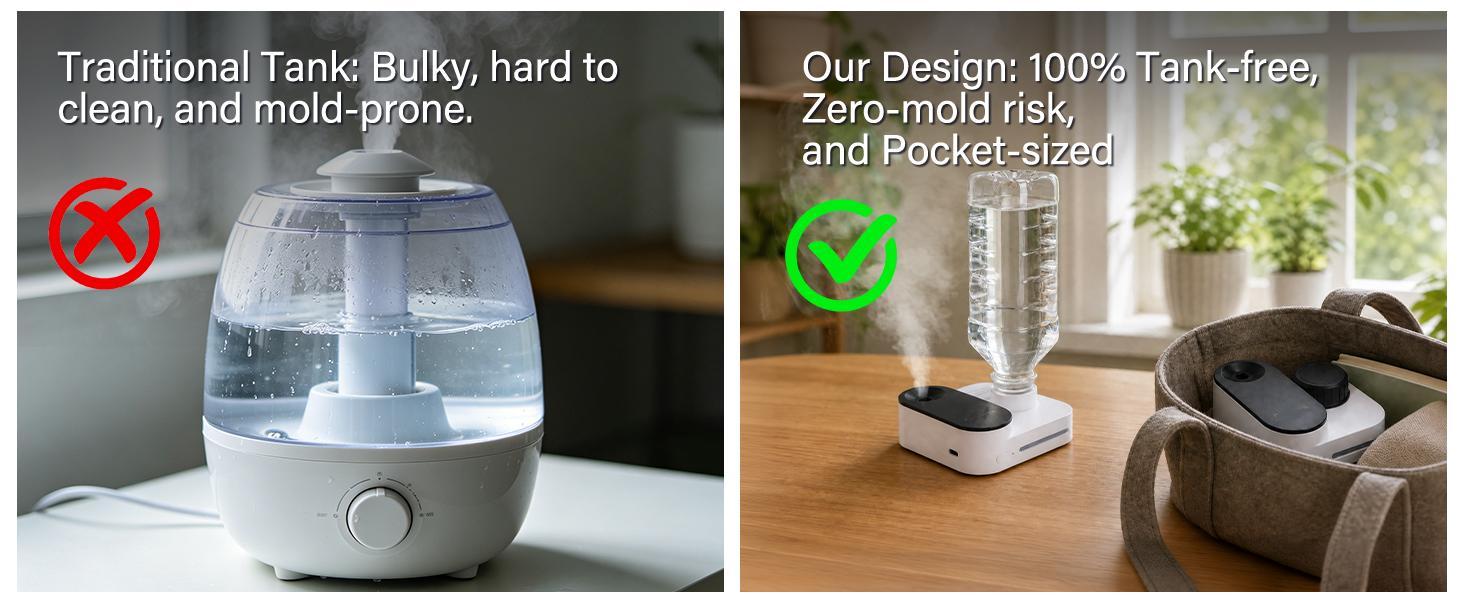 Source artwork comparing the bottle-based design with a conventional tank humidifier, and showing the compact unit in a travel bag.