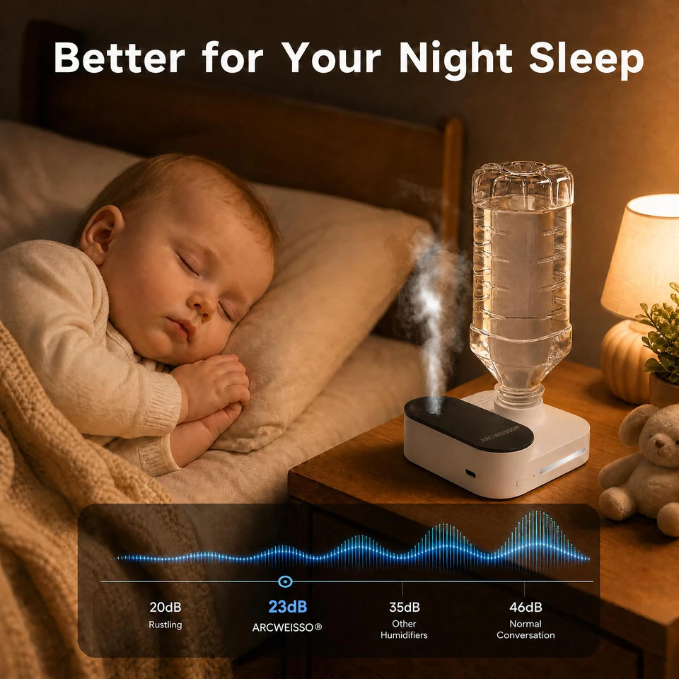 GISTAR portable bottle humidifier used on a bedside table at night