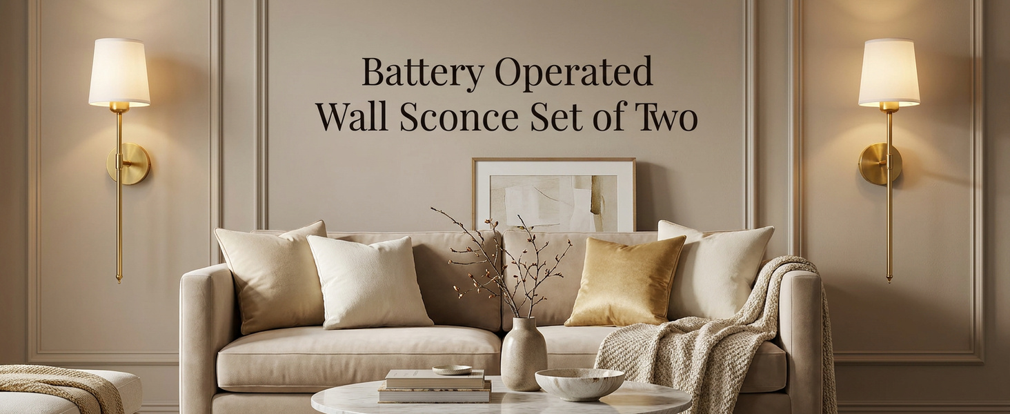 Gold rechargeable wall sconces in a living room. Product imagery supplied for the rechargeable gold wall sconce pair.