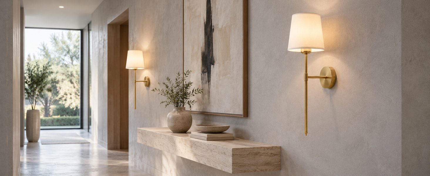 Wall sconces illuminating a hallway. Product imagery supplied for the rechargeable gold wall sconce pair.