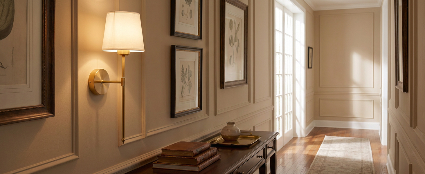 Wall sconces in a reading space. Product imagery supplied for the rechargeable gold wall sconce pair.
