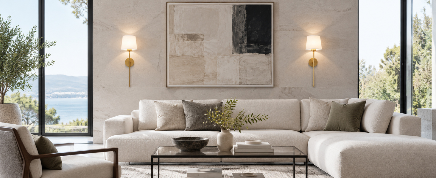 Wall sconce design shown in a staged room. Product imagery supplied for the rechargeable gold wall sconce pair.