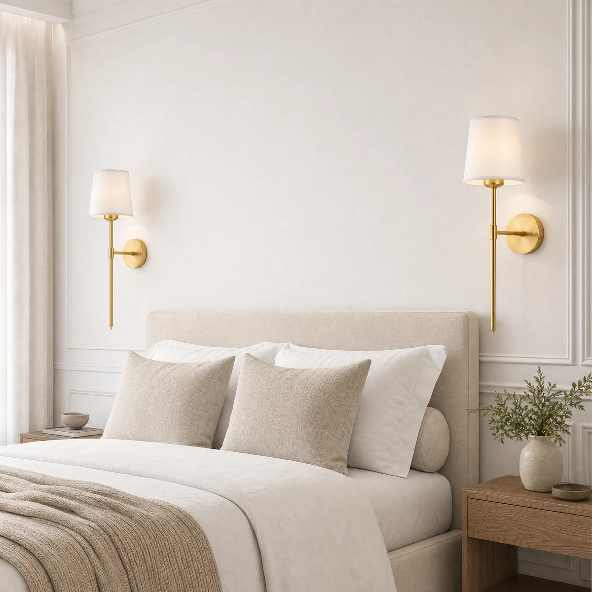 Pair of rechargeable gold wall sconces with fabric shades framing a bedroom