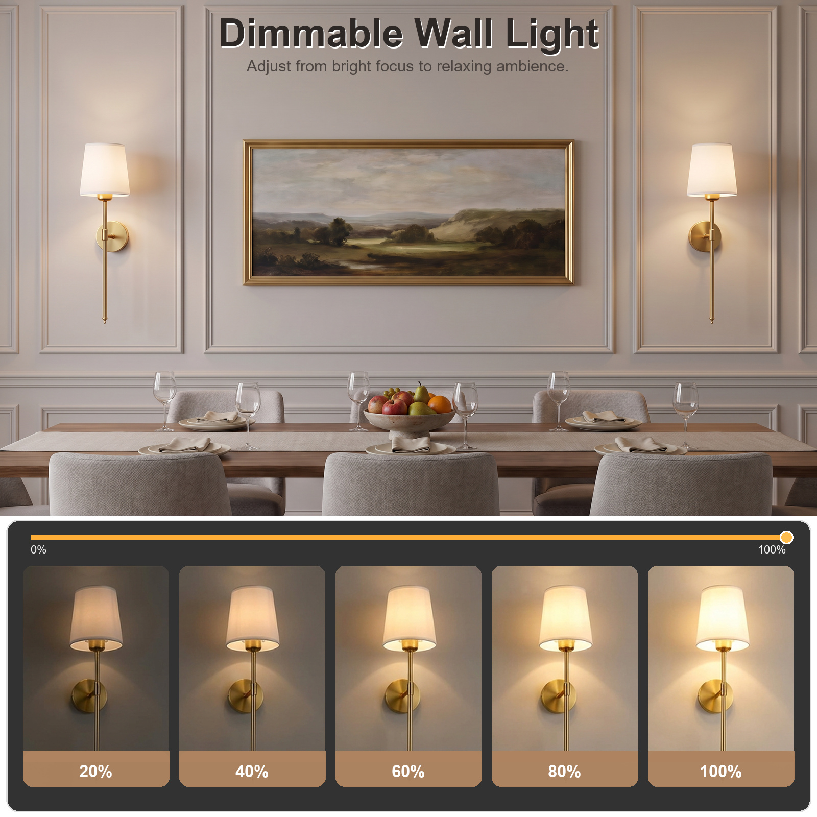 Gold wall sconces with adjustable brightness in a dining room