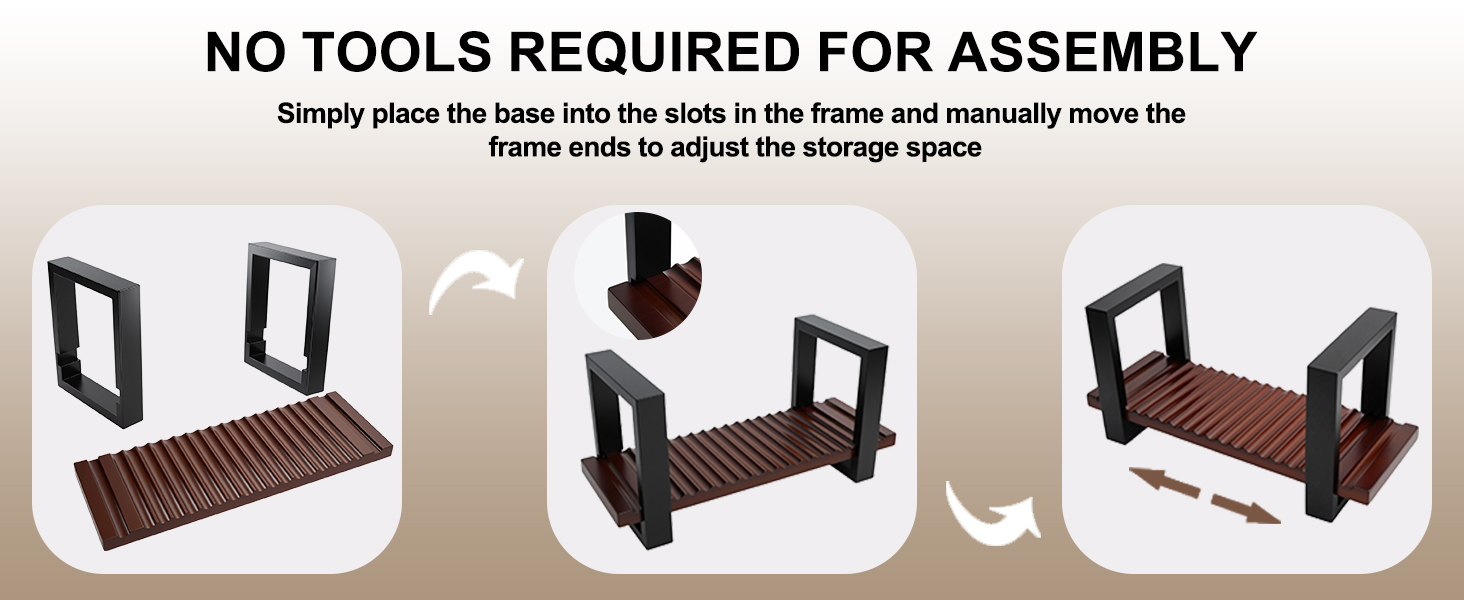 Tool-free assembly: slide the wooden base into the two frame supports and move the ends to adjust storage space.