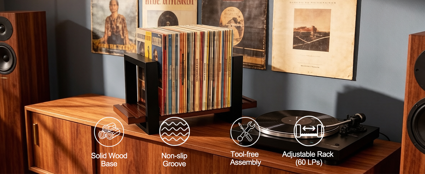 Solid wood base, non-slip grooves, tool-free assembly and an adjustable rack illustrated with capacity for up to 60 LPs.