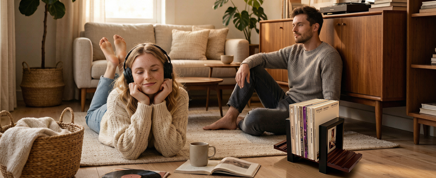 Record storage in a living room listening space.