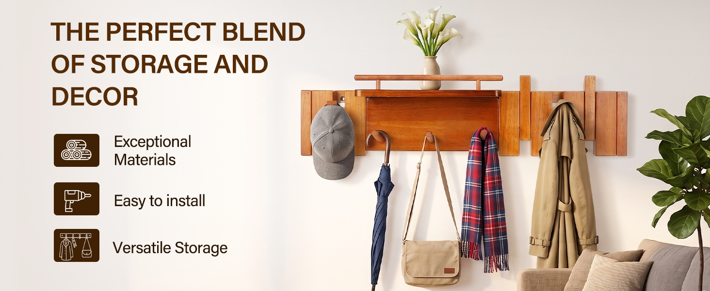Coats, bags and hats arranged on the rack, with decorative storage on the shelf.