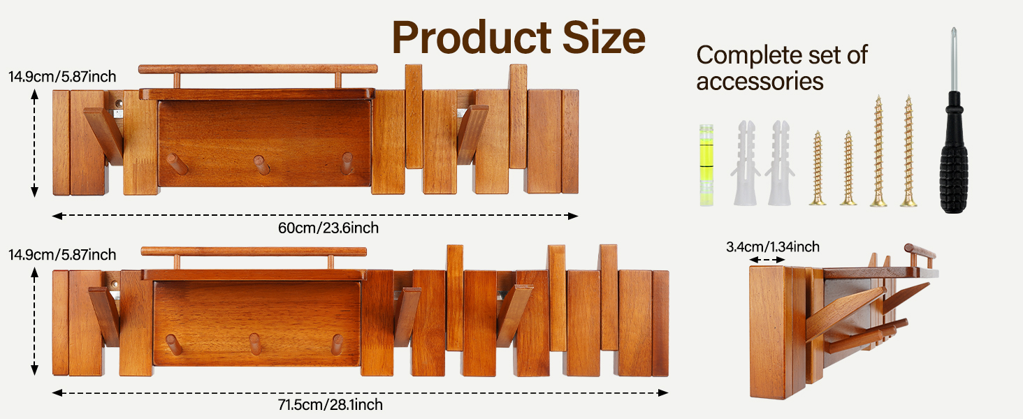 Two illustrated rack versions: 60 cm and 71.5 cm wide, both 14.9 cm high. Installation accessories are shown alongside.