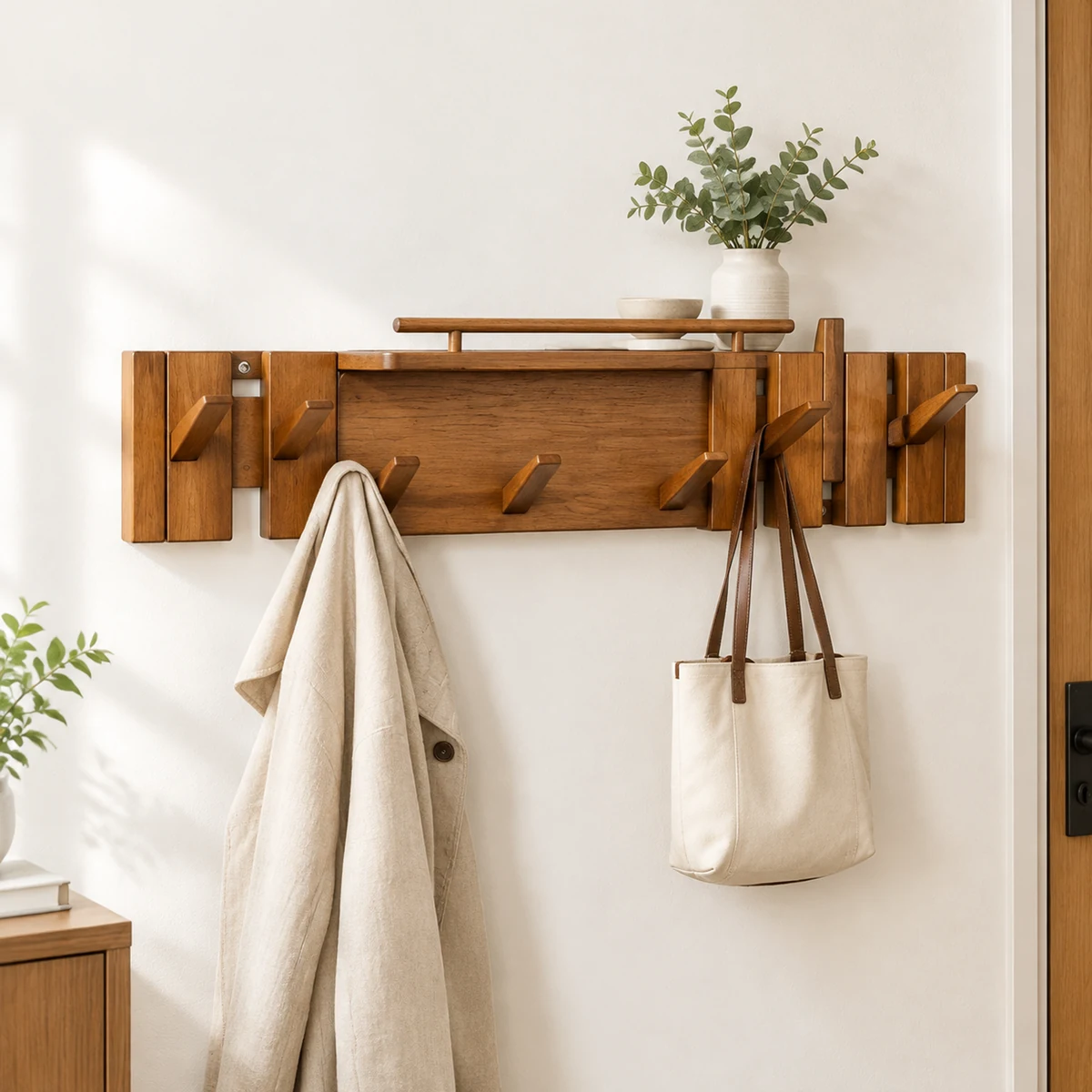 Seven-hook wooden wall hanger holding a coat and tote in a bright entryway