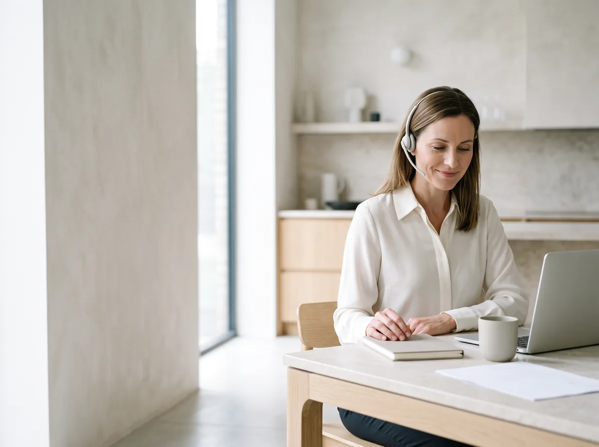 Editorial depiction of a support specialist listening at a desk