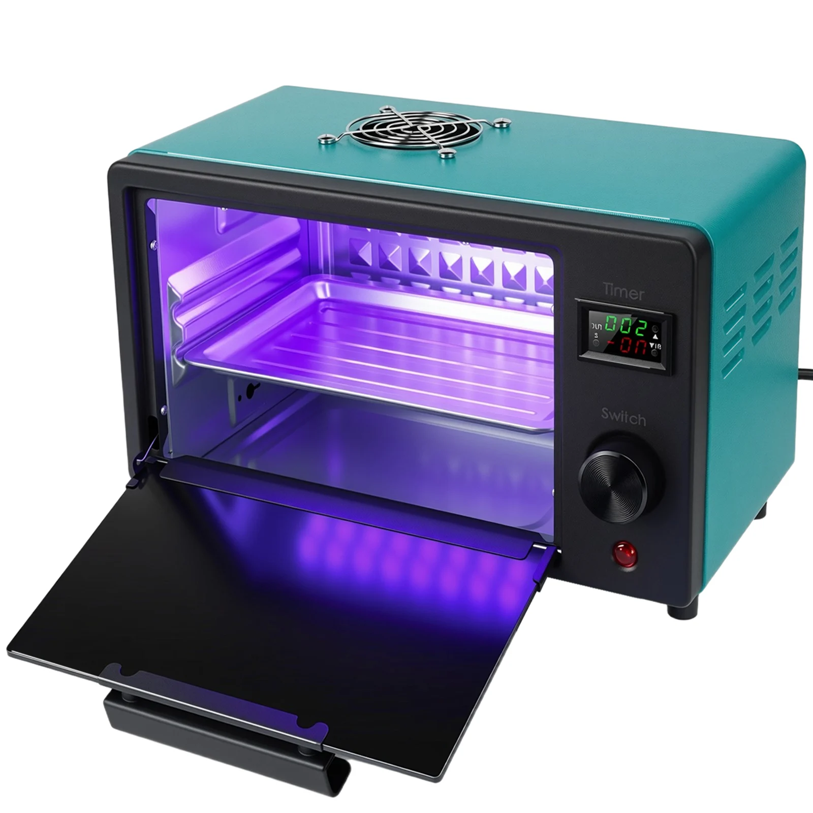 Teal GISTAR curing box with its black front door open, metal tray, timer and top fan