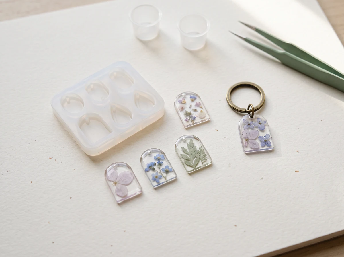 Illustrative small botanical resin charms beside clear jewelry molds