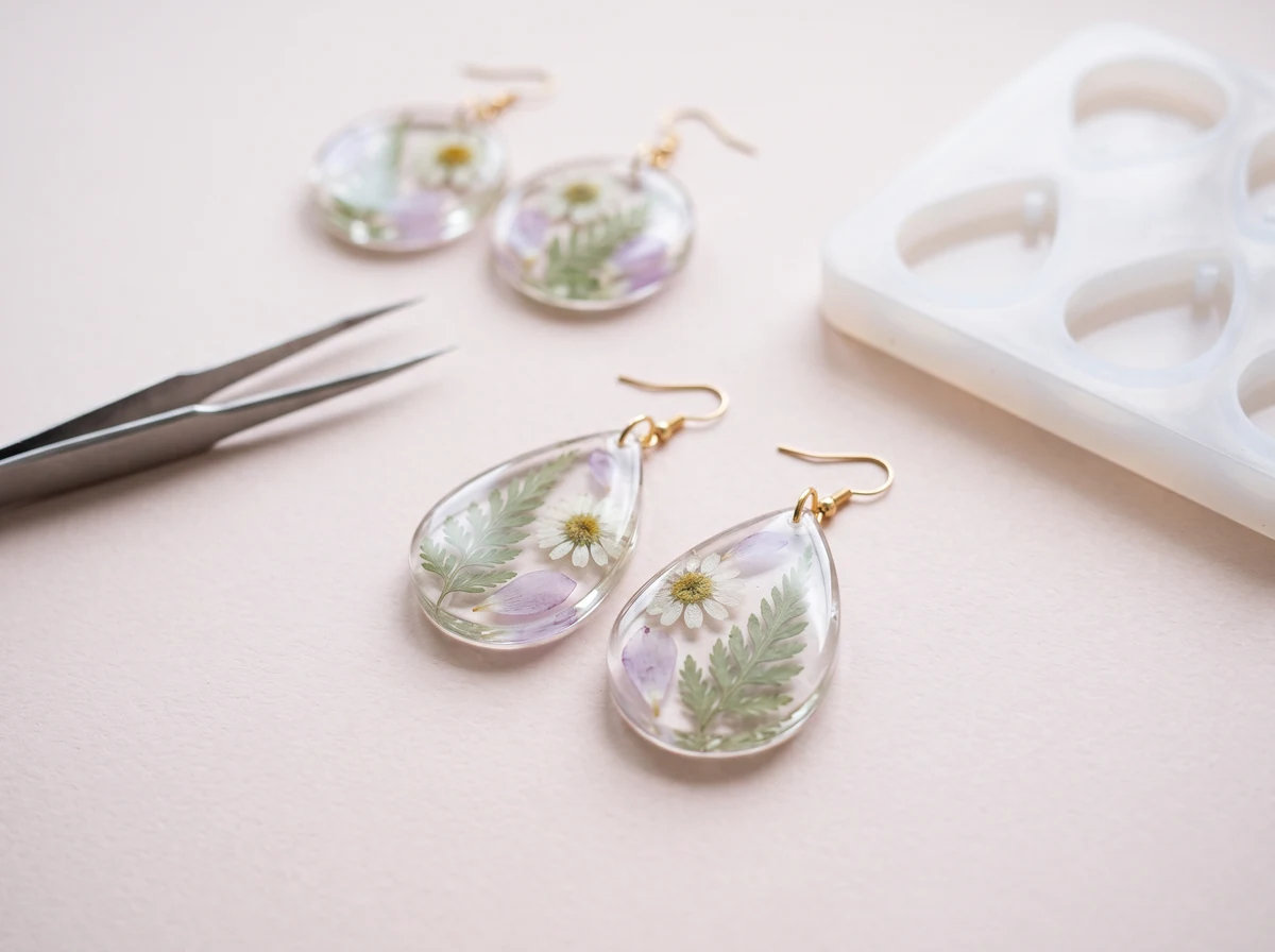 Illustrative resin earrings with delicate pressed flowers