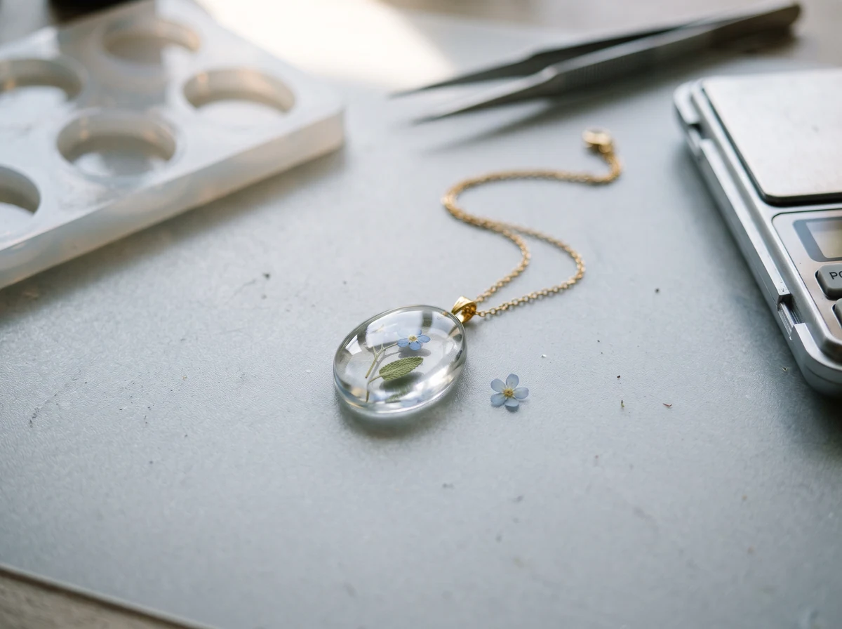 Illustrative clear resin pendant preserving small flowers